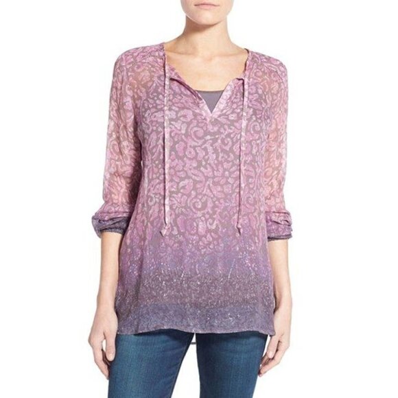 Lucky Brand Watercolor Border Split Peasant Top - Picture 1 of 8